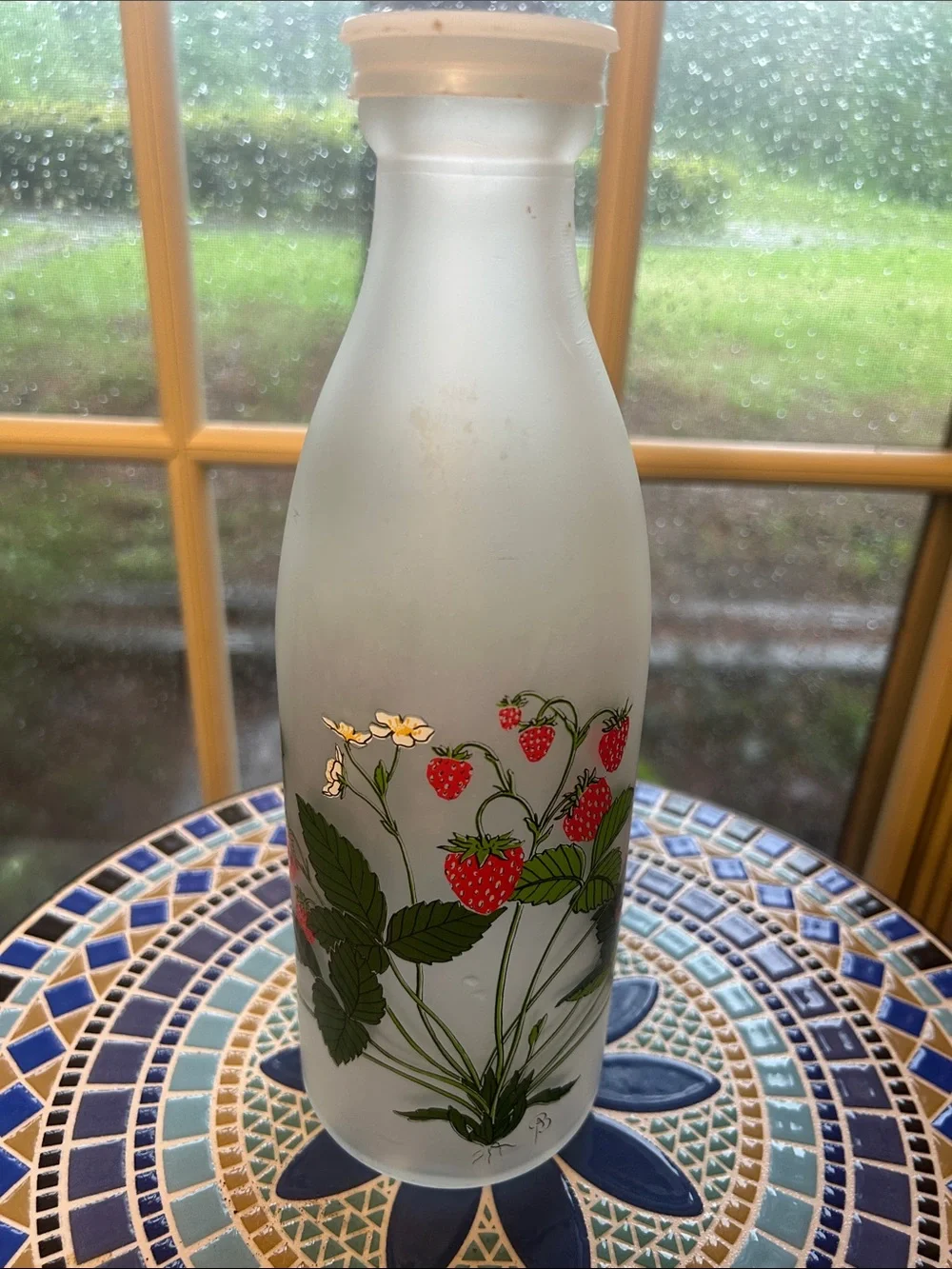 Tall Frosted Milk Bottle with Strawberries, Vines and Blossoms